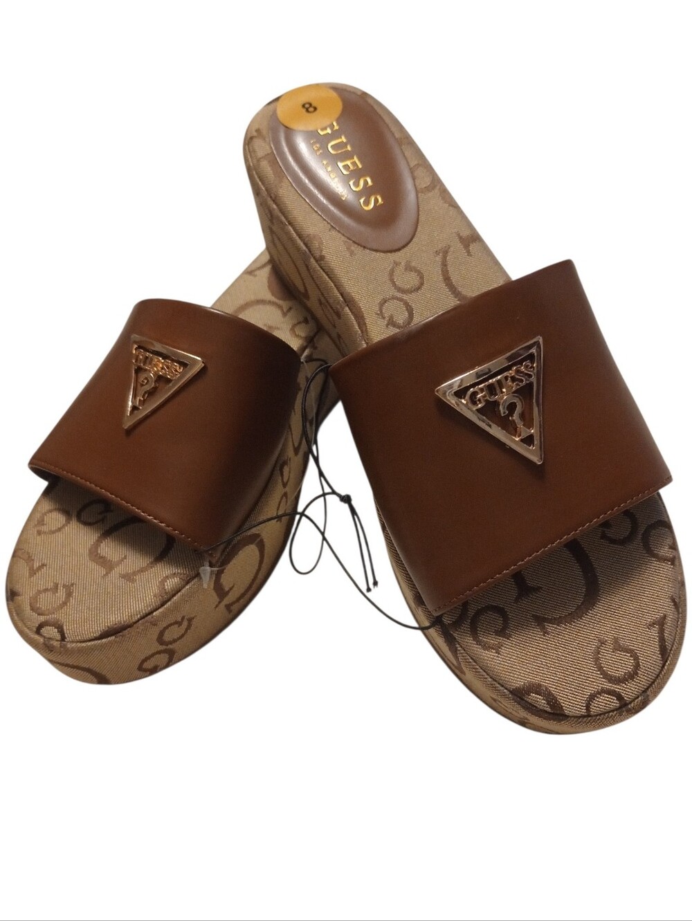 GUESS Brown Logo Wedge Slide Sandals with Gold Triangle Emblem, Size 8, NWT
